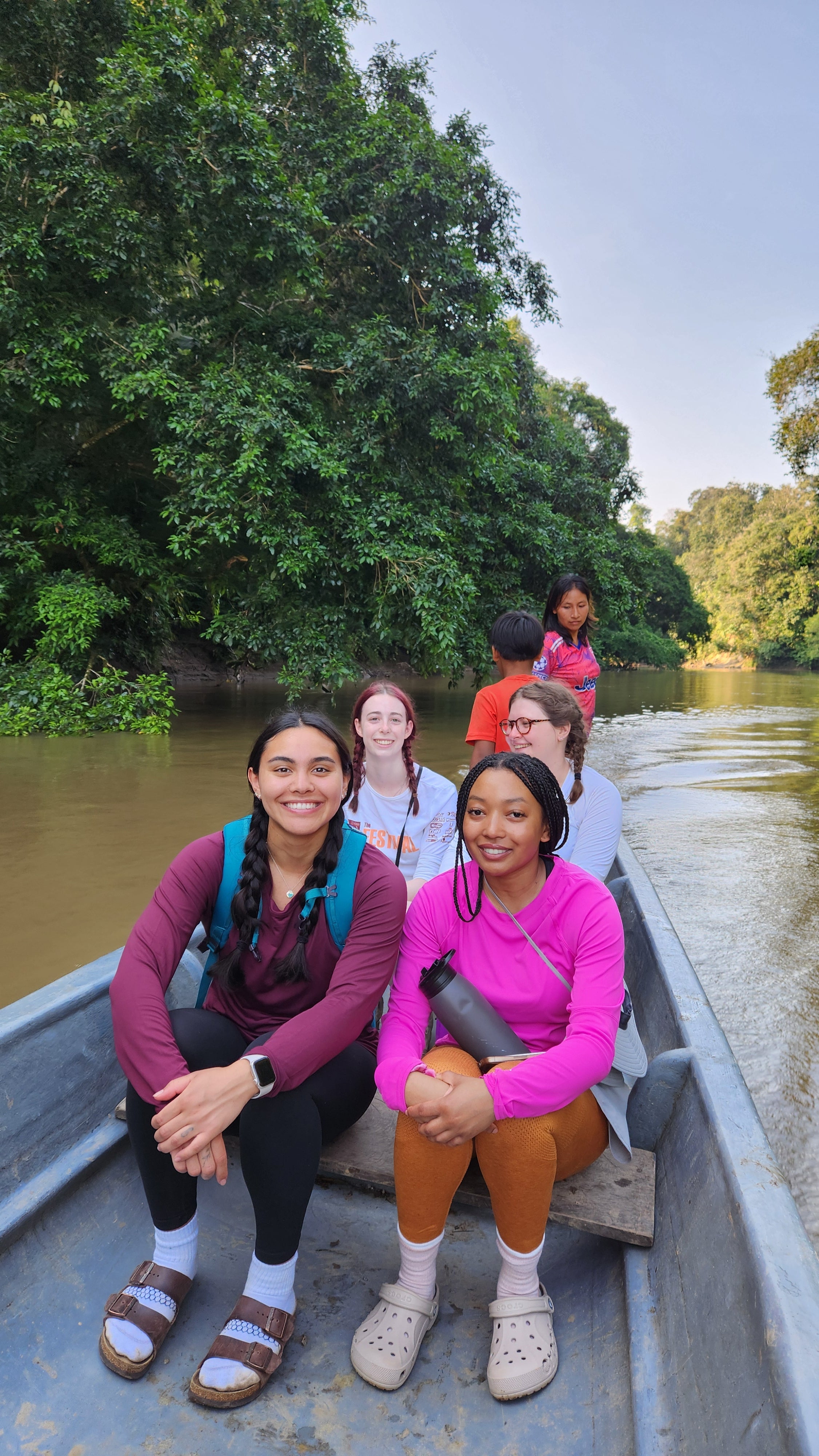 In a canoe.     Front row, left to right: Sydney Rodrigues and Kyley Colemen   Second row: Kyra Schultz, Emily Hahn 