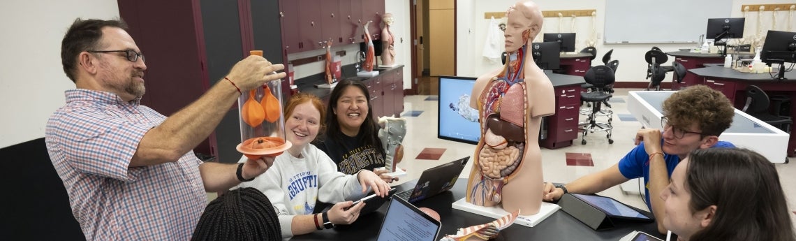 Students looking at a professor teaching