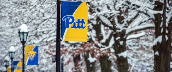 campus in winter with Pitt flags campus in winter with Pitt flags