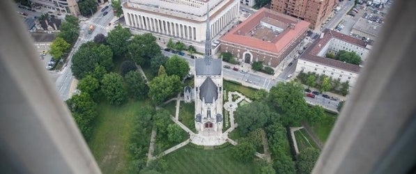 Cathedral of Learning lawn Heinz Chapel photographed from Cathedral of Learning