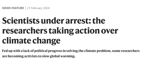 Screenshot of "Nature" article titled "Scientists under arrest: the researchers taking action over clime change
